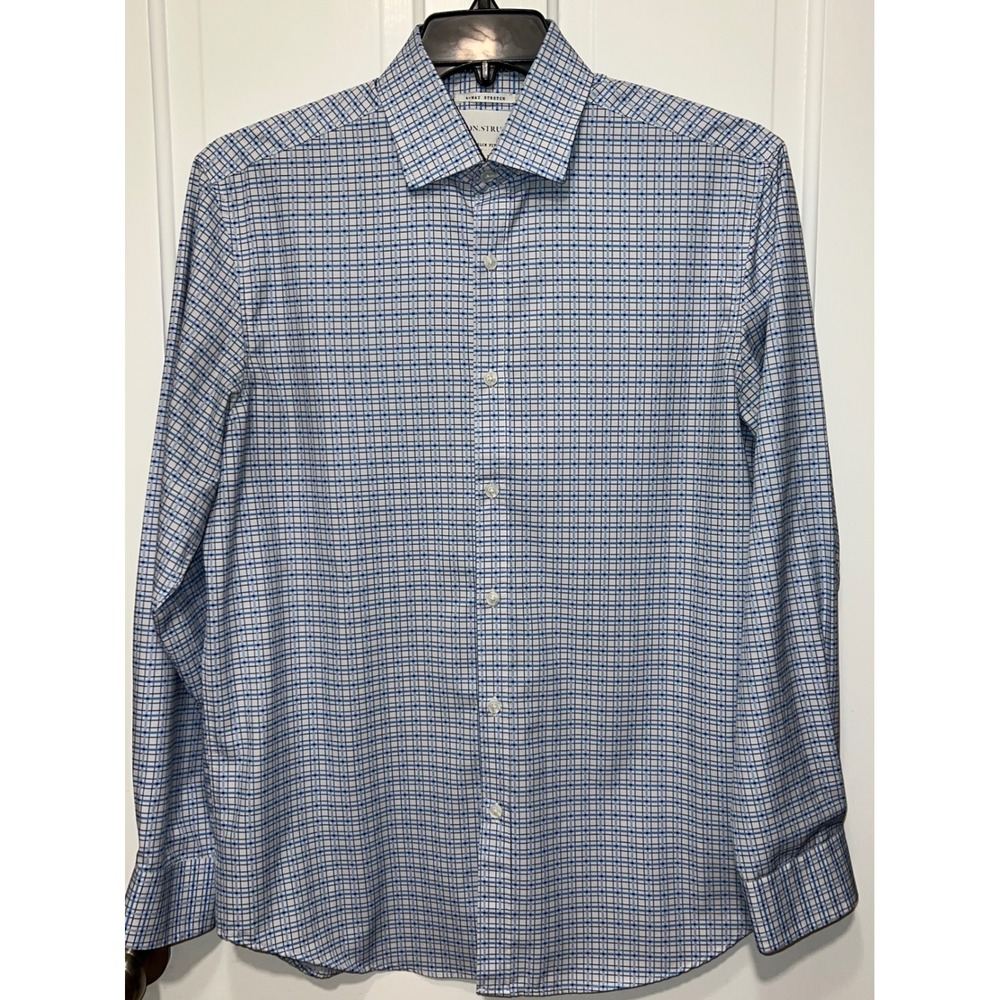 Con.Struct Mens Slim Fit Dress Shirt Blue White Grid Check 4-Way Stretch Medium